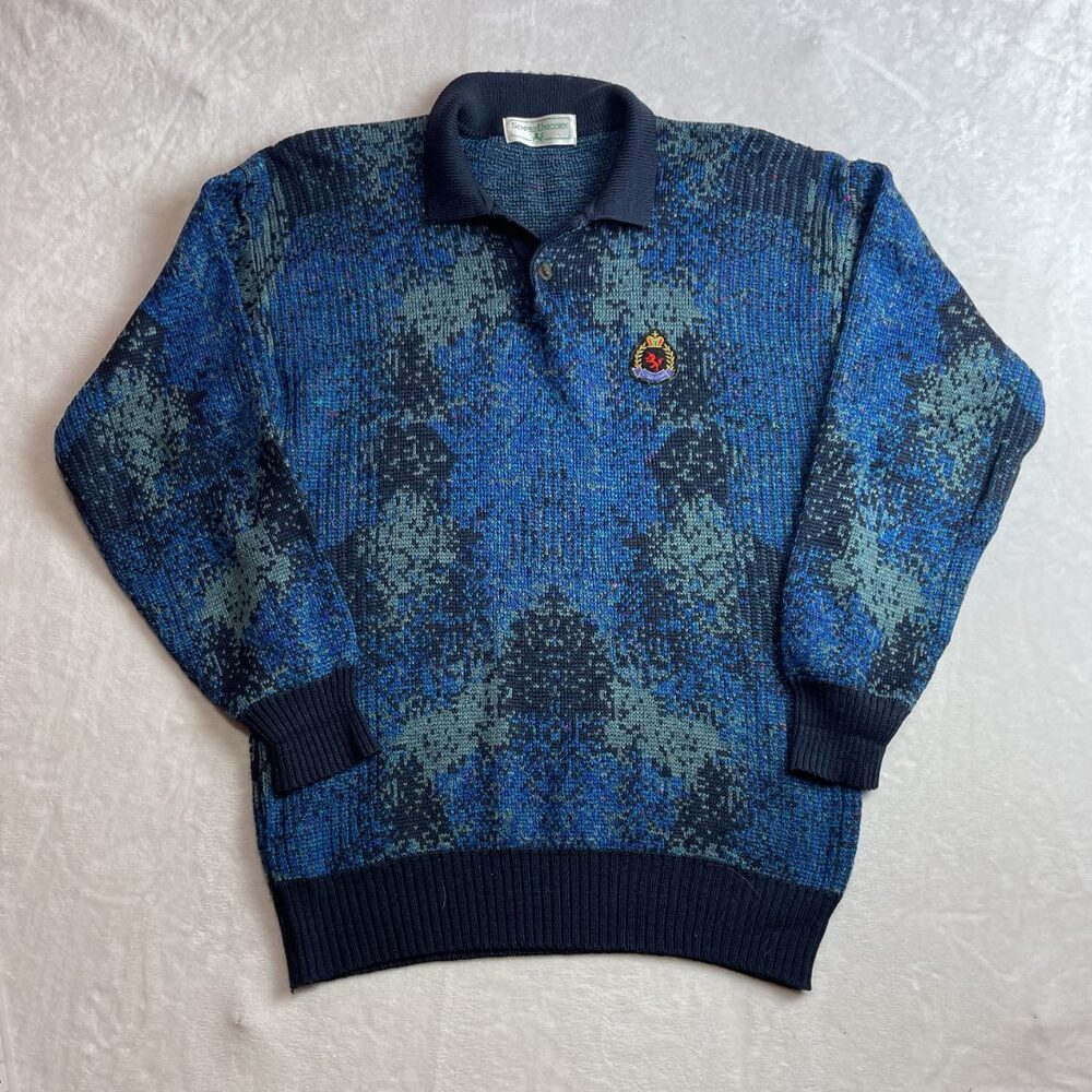Sempre Unicorn Men's Blue Patterned Polo Sweater Size L Vintage 80s 90s Knit